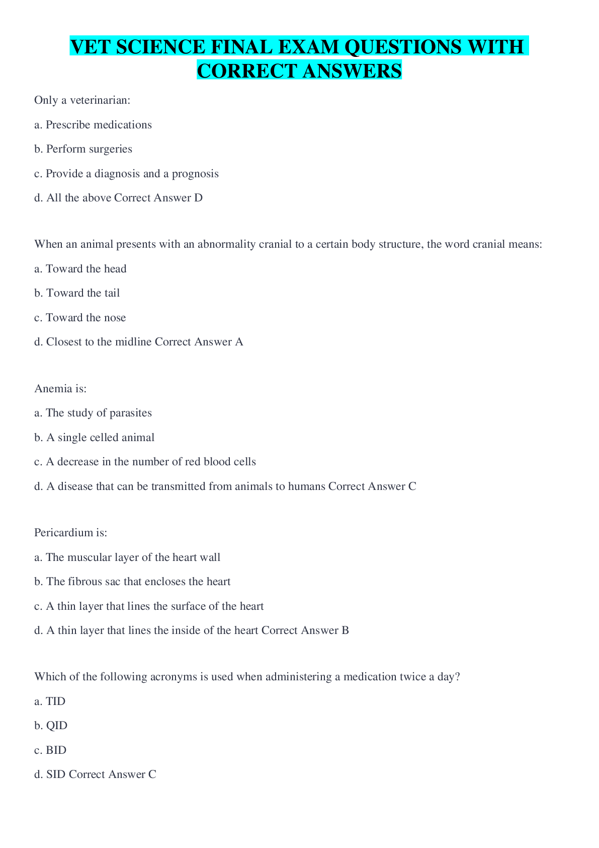 Preview image for VET SCIENCE FINAL EXAM QUESTIONS WITH CORRECT ANSWERS